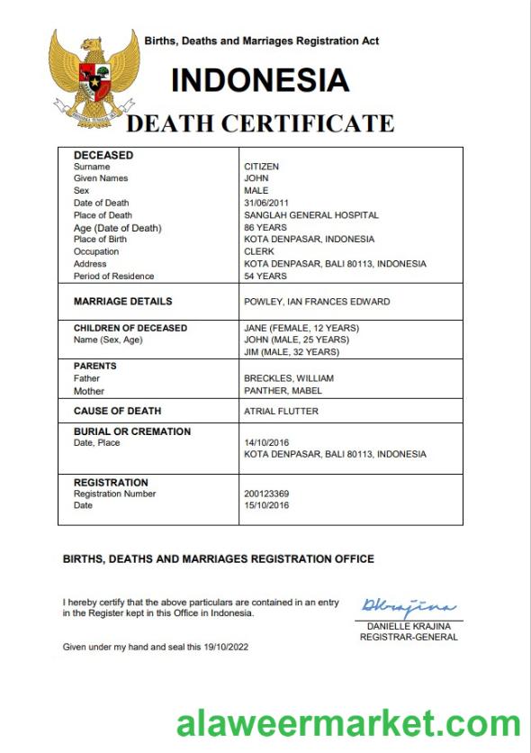 Indonesia vital record death certificate Word and PDF template